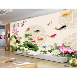 [Review] Tranh dán tường 3D cá hoa sen trang trí phòng khách- vải lụa kim tuyến